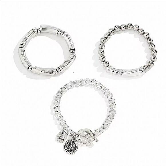 Stainless Steel Bracelet Set Chain Link Bamboo Statement Silver - Picture 5 of 6